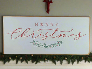 Merry Christmas Wooden Sign with Foliage - Rustic Vintage-Style Holiday Decor