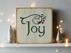 Joy Mini Sign with Holly and Berries - Festive Home Decor for Christmas & Winter Holidays - 5.5 x 5.5 Inches