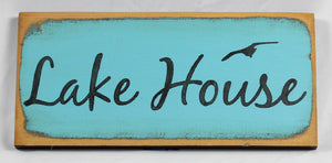 Lake House with Bird Flying Painted Decorative Wooden Sign