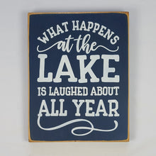 Load image into Gallery viewer, What Happens at the Lake Painted Wooden Sign
