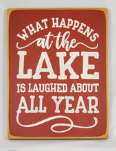 Load image into Gallery viewer, What Happens at the Lake Painted Wooden Sign
