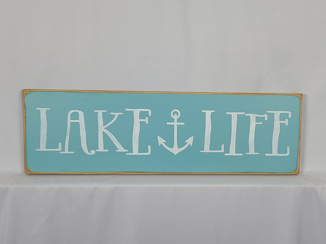 Lake Life Whimsical Lettering Painted Sign with Anchor