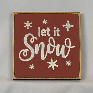 “Let it Snow” handcrafted wood sign with snowflakes, 5.5x5.5 inches White font over Dark Red. Rustic modern farmhouse home décor