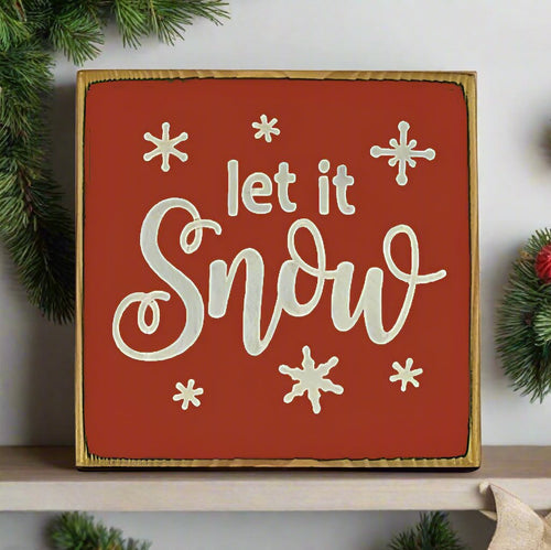 “Let it Snow” handcrafted wood sign with snowflakes, 5.5x5.5 inches White font over Red. Rustic modern farmhouse home décor