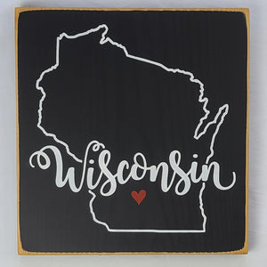 Wisconsin Square sign with Heart Heartwarming Wooden Sign