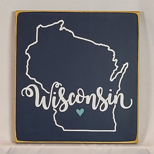 Wisconsin Square sign with Heart Heartwarming Wooden Sign