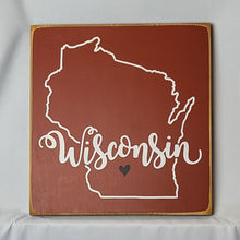 Load image into Gallery viewer, Wisconsin Square sign with Heart Heartwarming Wooden Sign
