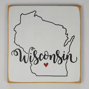 Wisconsin Square sign with Heart Heartwarming Wooden Sign