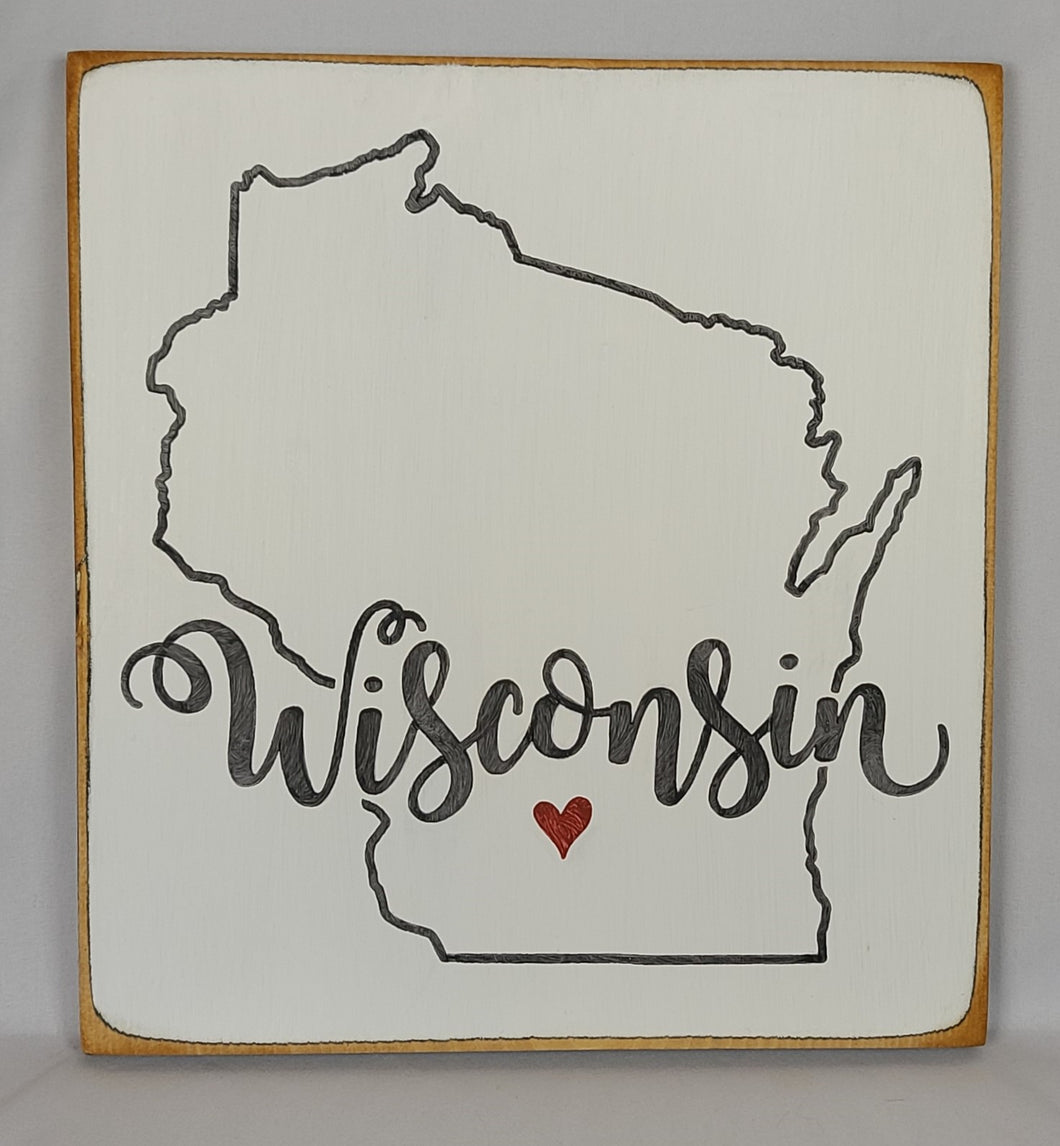 Wisconsin Square sign with Heart Heartwarming Wooden Sign